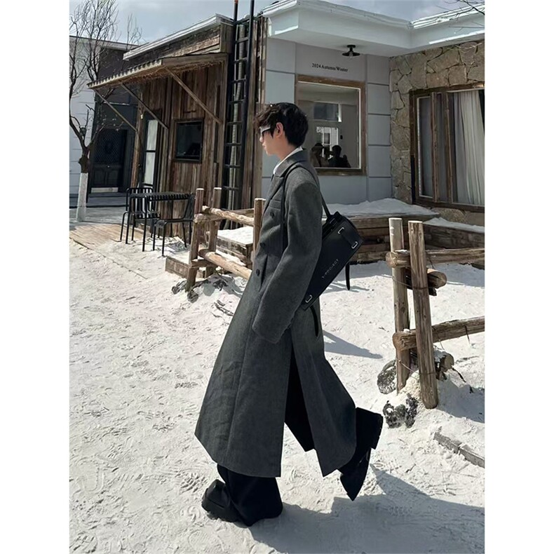 克鲁苏文职韩系垫肩毛呢大衣男秋冬中长款双排扣过膝呢子风衣外套,男装风衣,星座1004-3