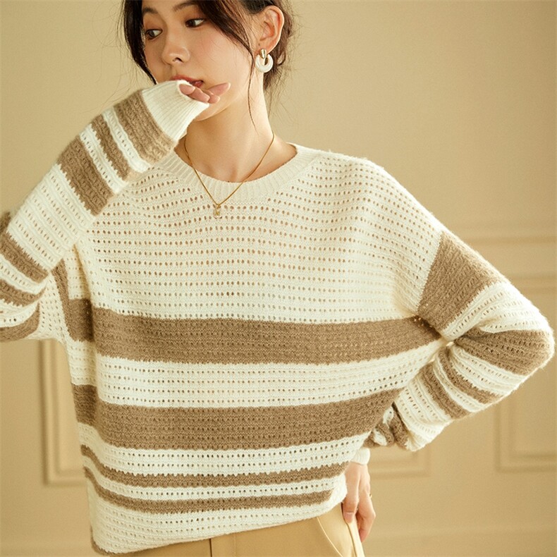 圆领镂空拼色羊绒衫女2025年秋冬新款套头慵懒风长袖，女装羊绒衫，绒美人羊绒
