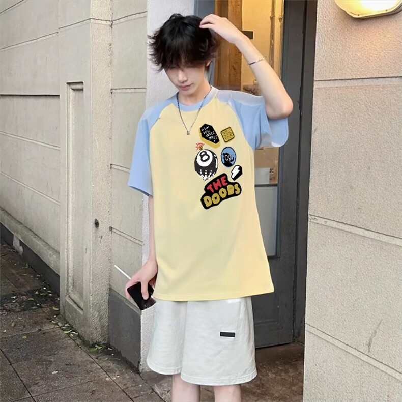 抖音得物高品质二开240克宽松纯棉美式潮牌插肩袖拼接短袖T恤,男装T恤,电商A486
