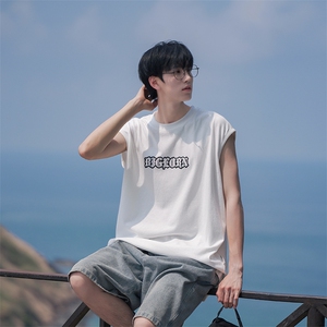 日系无袖夏季宽松透气简约字母发泡男装T恤B225-T9225-P40-X55图片