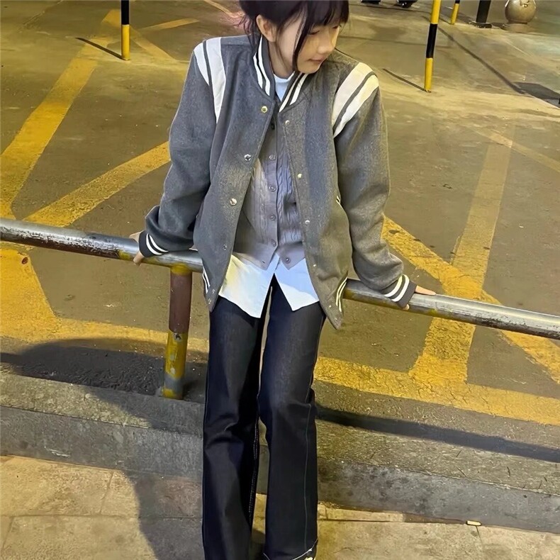 灰色短款毛呢外套男秋冬美式复古夹棉棒球服高级感加厚飞行员夹克,男装夹克,星座1210-1