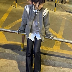 灰色短款毛呢外套男秋冬美式复古夹棉棒球服高级感加厚飞行员夹克，男装夹克，星座1210-1