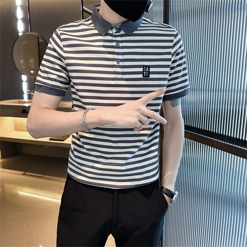 高级感轻奢夏季短袖T恤翻领条纹Polo衫半袖T0253-P58,男装T恤,电商D342
