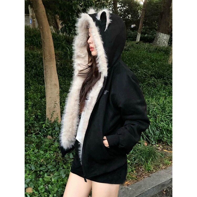 美式座山雕猫耳朵毛领连帽棉服女冬季新款加绒加厚夹克棉衣外套潮图片