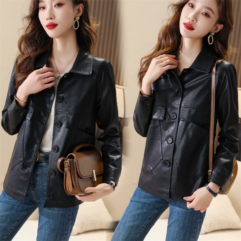 海宁真皮皮衣女2025新款春秋中长款绵羊皮纽扣高端皮夹克女士外套，女装皮衣，魅衣本色