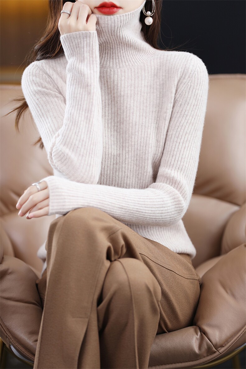 2024秋季新款高领长袖纯色套头衫修身百搭,女装羊毛衫,秋双羊绒