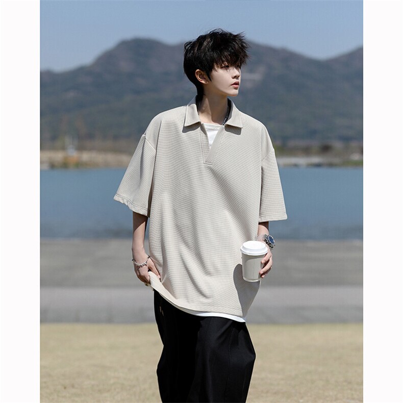 8XL-M假两件V领短袖t恤男夏翻领半袖宽松重磅华夫格大码DT001P40,男装T恤,电商B312