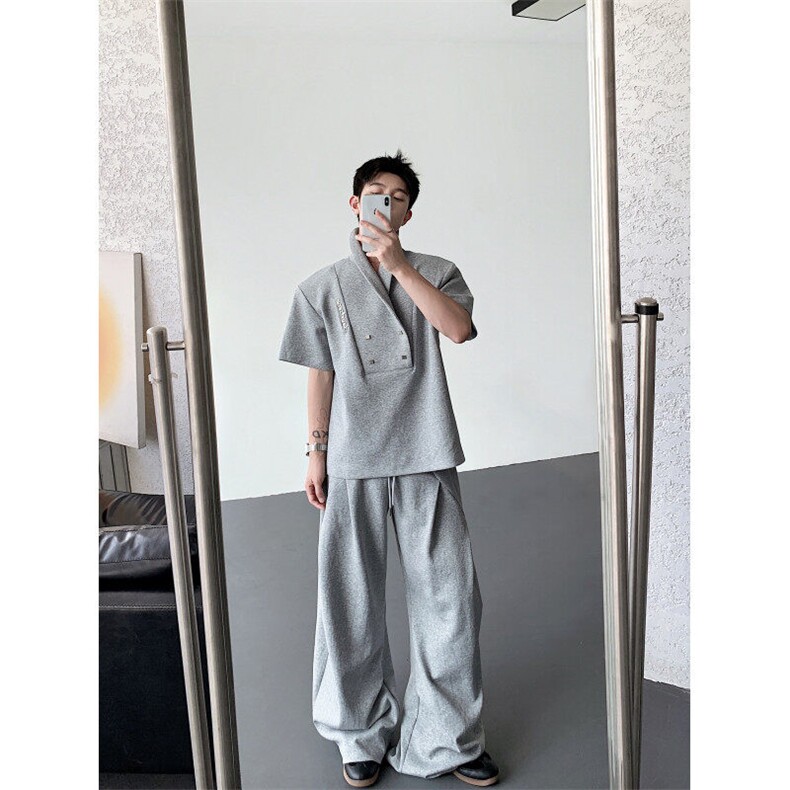 现货！25青果领男垫肩金属扣polo短袖T恤套装TZ21裤子p78衣服p68,男装休闲套装,电商B288