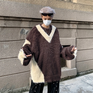 撞色拼接海马毛毛衣男秋冬新款高街针织衫美式宽松外套M9158-p65图片