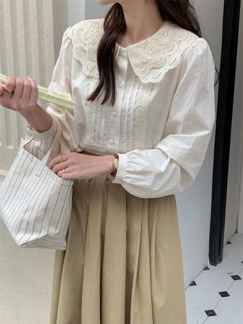 甜美双层花边娃娃领衬衫，女装衬衫，DAP