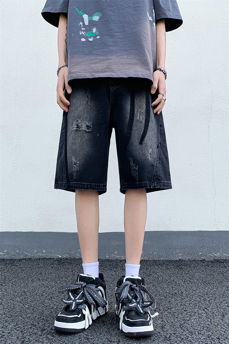B221美式ins高街暗黑小众情侣款休闲牛仔短裤LK23090-P55控78,男装牛仔裤,电商B221