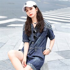 2022时尚新品牛仔格子拼接连体短裤配送腰带，女装连体裤，钱塘布衣