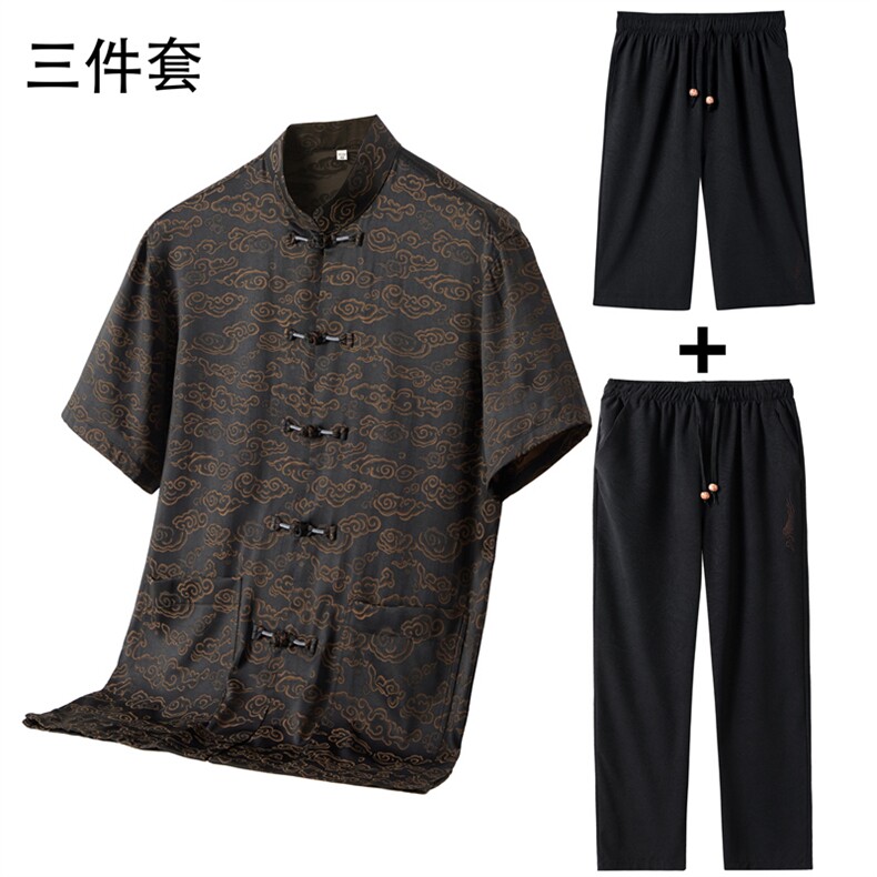 2024新款男士夏仿香云纱唐装中老年短袖衬衫套装风新中式T恤图片