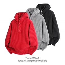 M720-P80新年红色半开衫毛衣男款冬季加厚连帽假两件针织衫外套，男装针织衫/毛衣，电商D310B