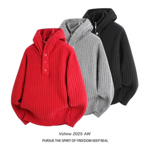 M720-P80新年红色半开衫毛衣男款冬季加厚连帽假两件针织衫外套图片
