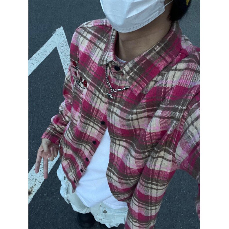 网络图现货 粉红格子衬衫男生格纹衬衣长袖RC21-P55图片