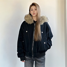 现货重磅boxy短款棉衣座山雕大毛毛领男女棉服水洗工装厚外套，男装棉衣，电商A486-1