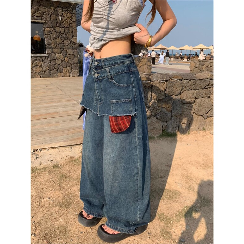 假两件设计感格子拼接牛仔裤女2025新款美式复古宽松阔腿弯刀裤子,男装牛仔裤,星座506A