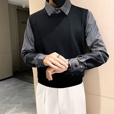 秋冬英伦男士修身复古假两件针织衫韩版毛衫拼接衬衫领外套，男装针织衫/毛衣，星座1013