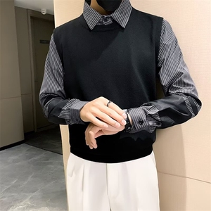 秋冬英伦男士修身复古假两件针织衫韩版毛衫拼接衬衫领外套图片