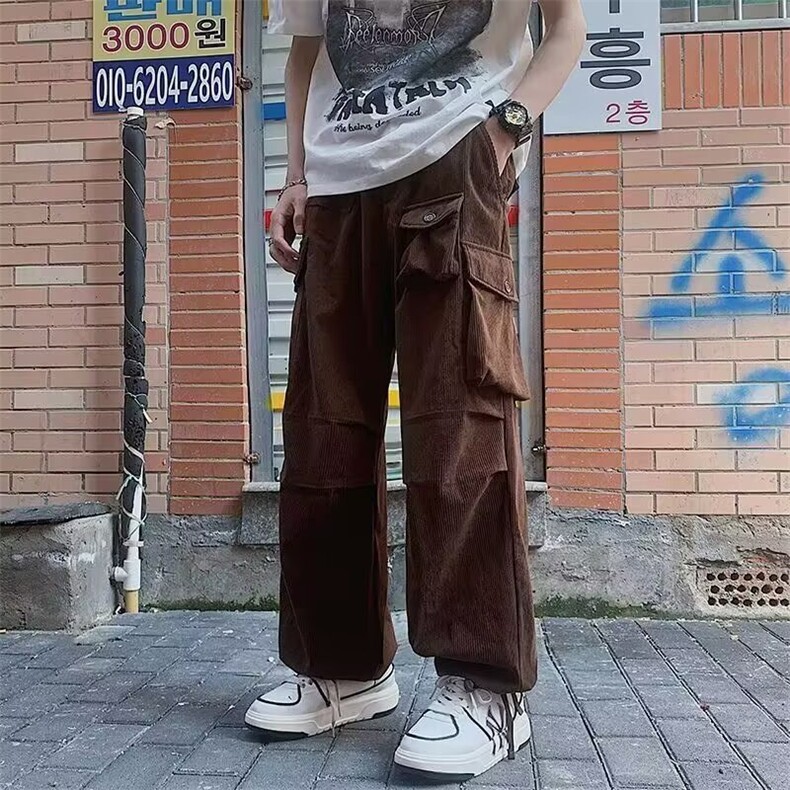 现货复古多阔腿黑色重磅灯芯绒裤子男款潮流宽松口袋长裤运动休闲,男装休闲裤,星座218-1（原230）