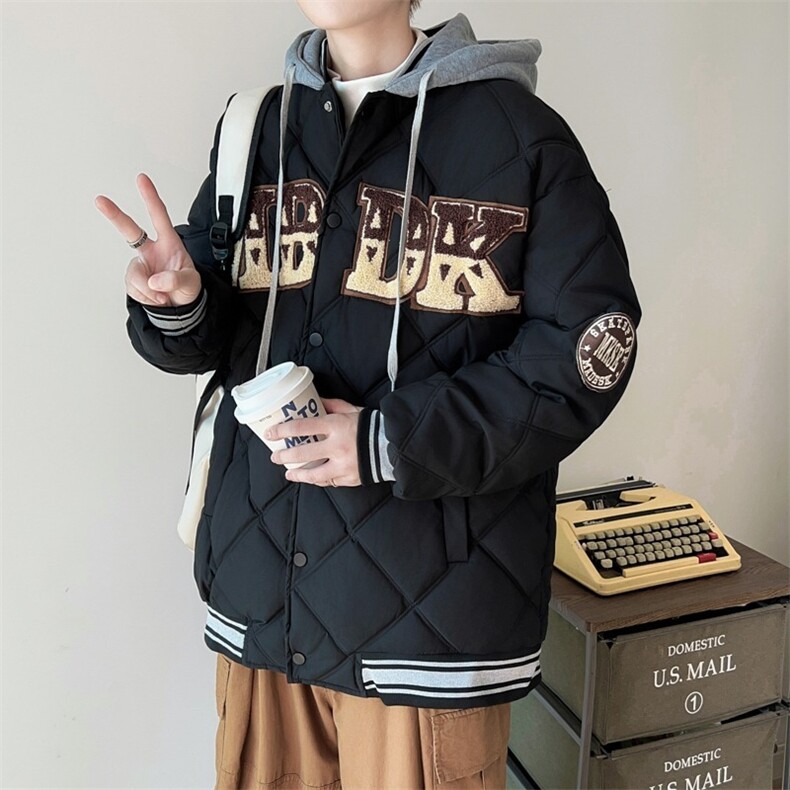 美式复古菱格2026年冬季新款连帽棉服男女假两件棉衣外套565/P98,男装棉衣,星座506