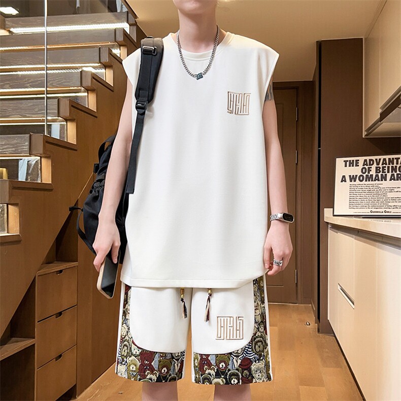 夏季薄款背心两件套潮圆领男士刺绣套装五分短裤A266-TZ1108-P46,男装休闲套装,电商A266