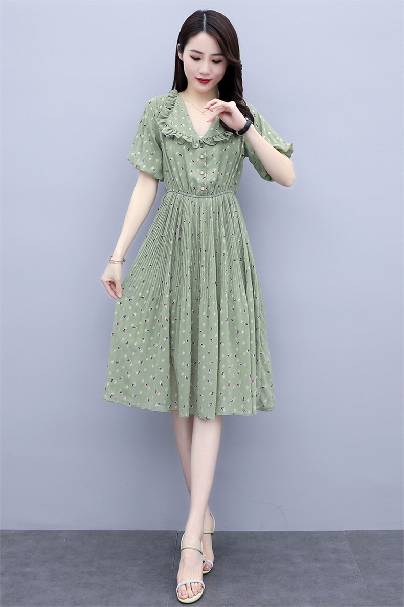 2021年夏季雪纺套头V领碎花松紧腰短袖中长款连衣裙,女装连衣裙,依如秀(原杭风阁)