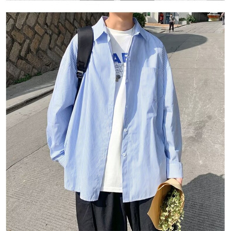 GS05P50现货日系条纹长袖衬衫日系韩版宽松翻领长袖衬衣男女,男装衬衫,星座1108-5