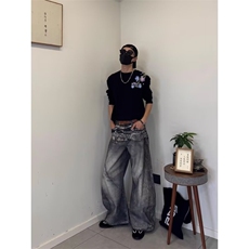 A729-P58美式复古直筒牛仔裤男秋冬新款潮牌高街水洗做旧宽松，男装牛仔裤，电商B323A