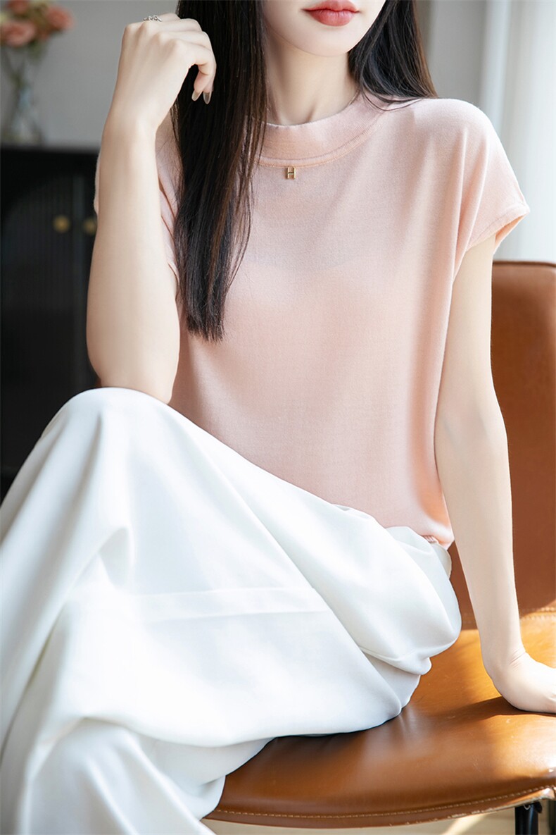 2025夏季精纺羊毛针织短袖T恤女半高领纯色半袖上衣宽松短款打底,针织衫/毛衣,羿纯羊绒