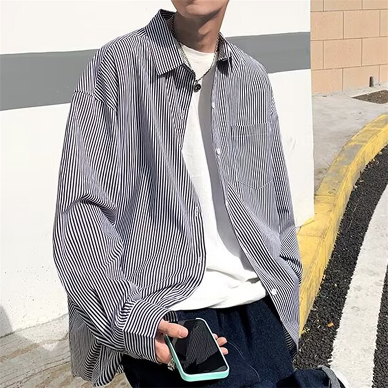 GS05P55现货韩版百搭春秋季港风长袖衬日系宽松长袖条纹衬衣男,男装衬衫,星座1108-5