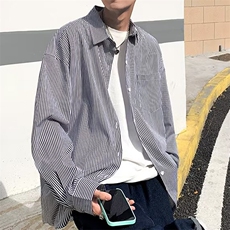 GS05P55现货韩版百搭春秋季港风长袖衬日系宽松长袖条纹衬衣男，男装衬衫，星座1108-5