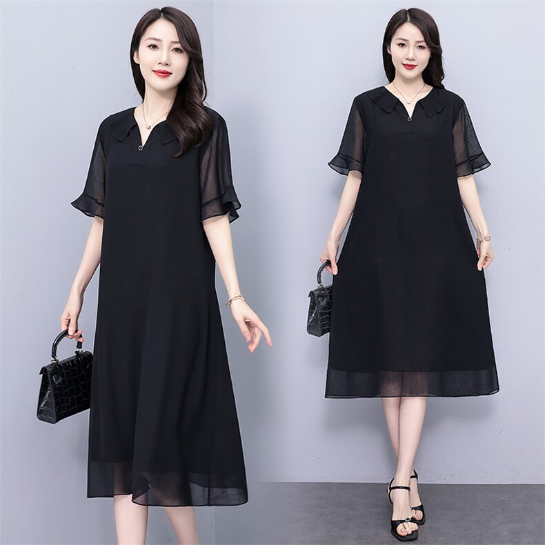 （现货）2026年夏季薄款中长款A型短袖圆领大码连衣裙,女装连衣裙,深妍伊美