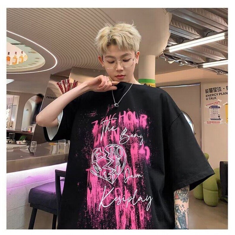 美式纯棉短袖T恤男士夏季2025新款宽松潮牌帅气休闲五分袖上衣服,男装T恤,星座506A