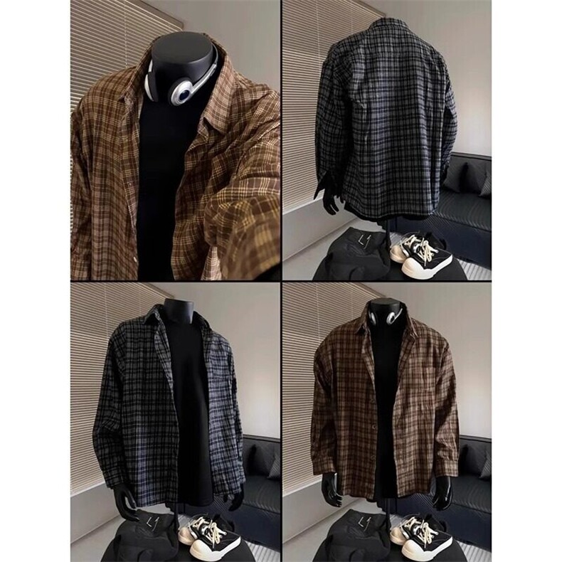 25春撞色格子衬衫长袖上衣格纹打底衬衣叠穿休闲外套CSS06P40特,男装衬衫,电商D256-2(原A064-2)