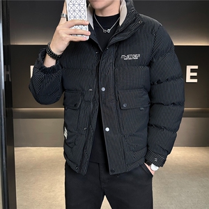 冬季新款男士棉衣PU皮棉袄立领条纹图片