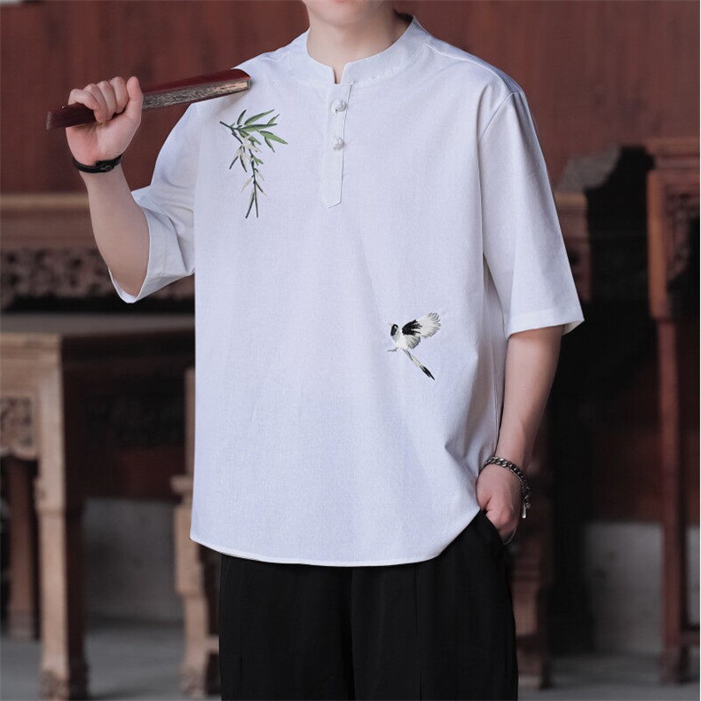 夏季青年短袖半袖立领T恤刺绣五分袖休闲盘扣风大码TZ84AP55,男装T恤,电商A021A