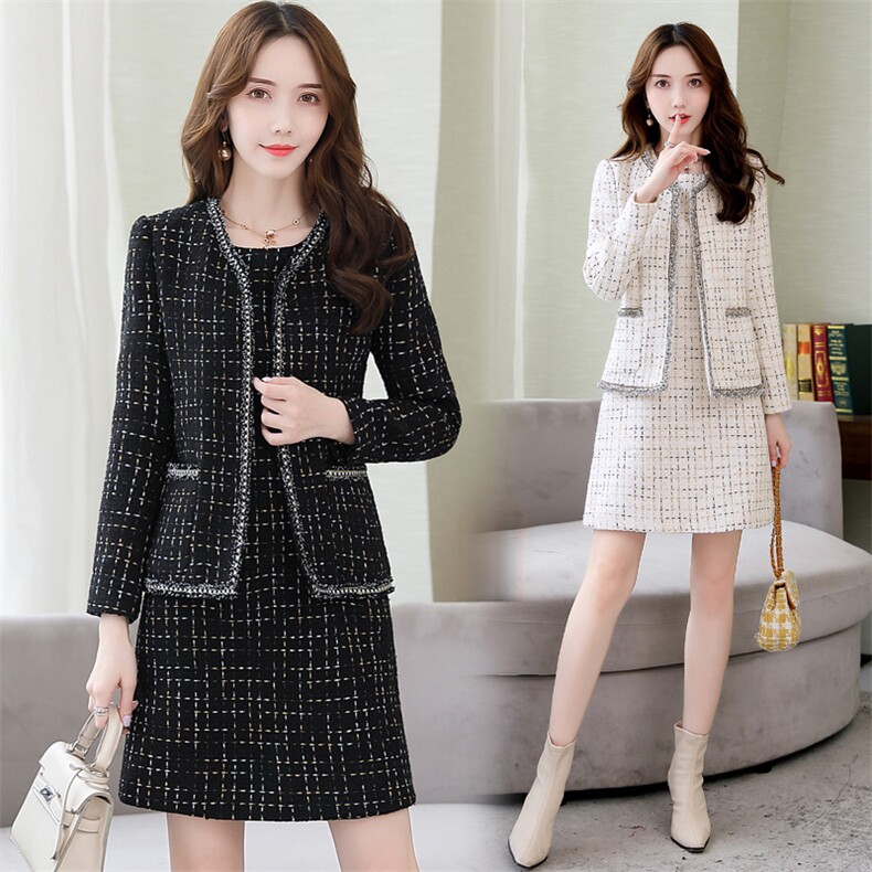 小香风毛呢套装春秋女气质优雅减龄修身显瘦洋气时尚两件套连衣裙，女装套装/套裙，香莘料