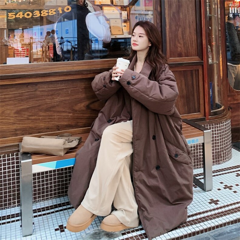 港风复古工装咖色羽绒服女冬加厚慵懒风90白鸭绒大被子中长款外套,女装羽绒服,2C137