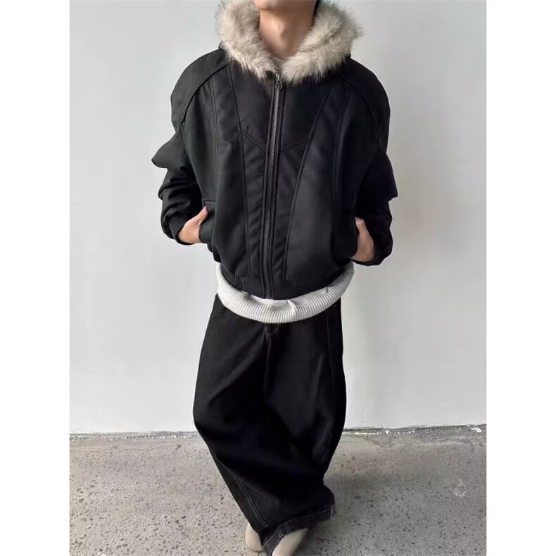 重磅皮衣棉服男冬季连帽廓形美式水洗做旧潮牌毛领座山雕保暖外套,男装皮衣,四季星座505