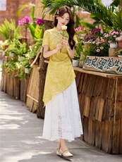 现货套装2026年夏季新款女装盘扣修身时尚气质半身裙大摆裙两件套，女装套装/套裙，韩美纤衣