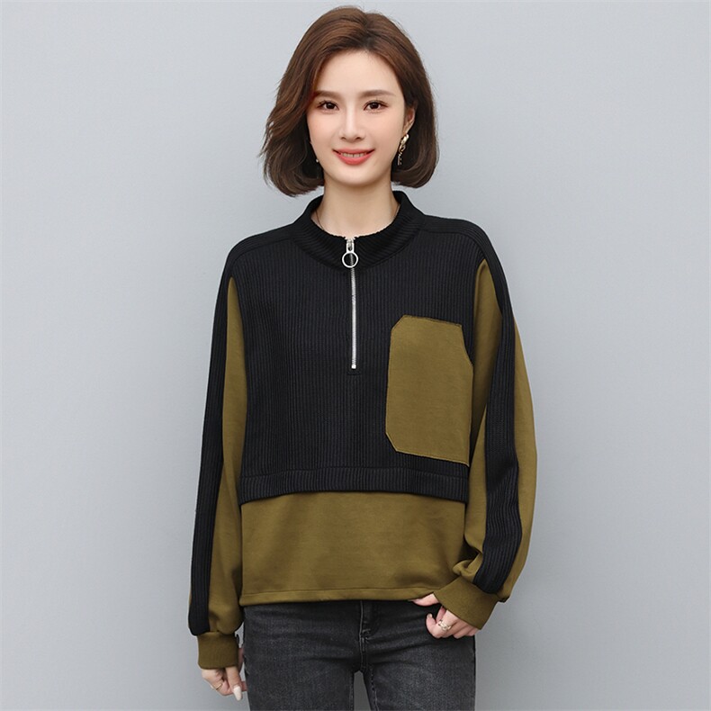 卫衣女套头针织拼接毛衣时尚撞色拉链套头上衣，女装卫衣/绒衫，曼沙奕珂