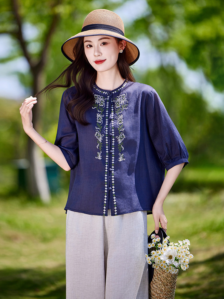 新中式国风套装女2025夏季新款时尚洋气薄款休闲天丝短袖衬衫套装,女装套装/套裙,靓衣阁