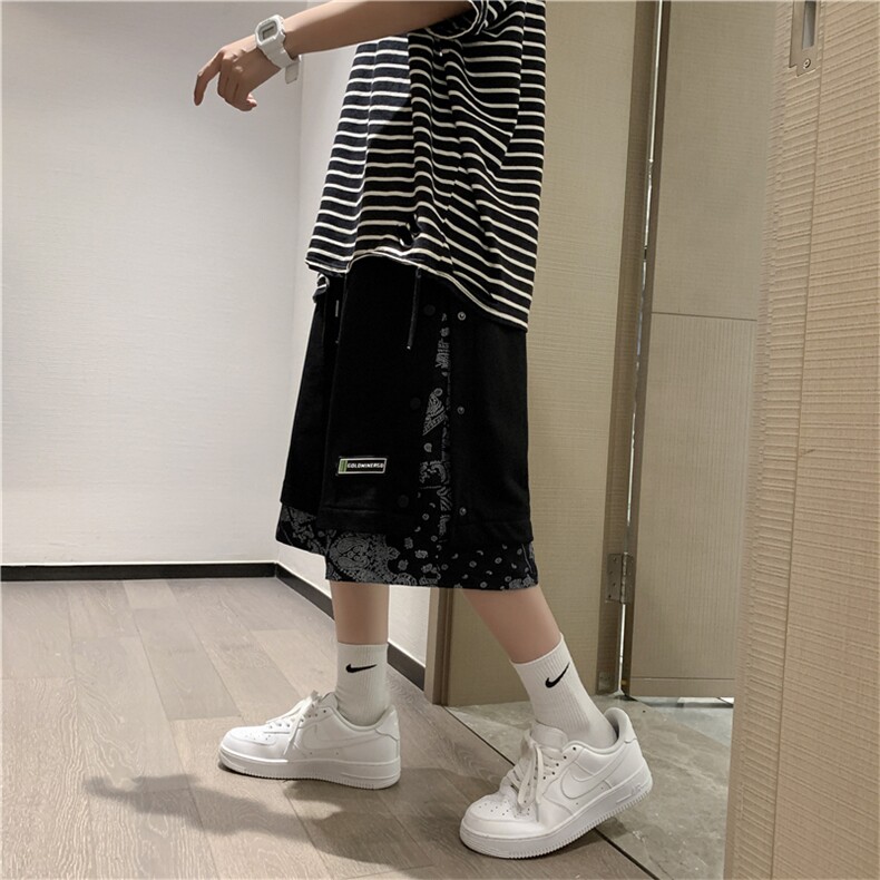 拼接假两件运动短裤男潮牌夏季腰果花休闲五分裤子宽松D6553-p28,男装休闲裤,星座1008