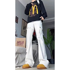 1506-1/K21251/P51白色绑带微喇工装牛仔裤男秋冬设计感美式痞帅，男装牛仔裤，星座1506-1