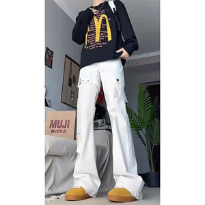 1506-1/K21251/P51白色绑带微喇工装牛仔裤男秋冬设计感美式痞帅图片