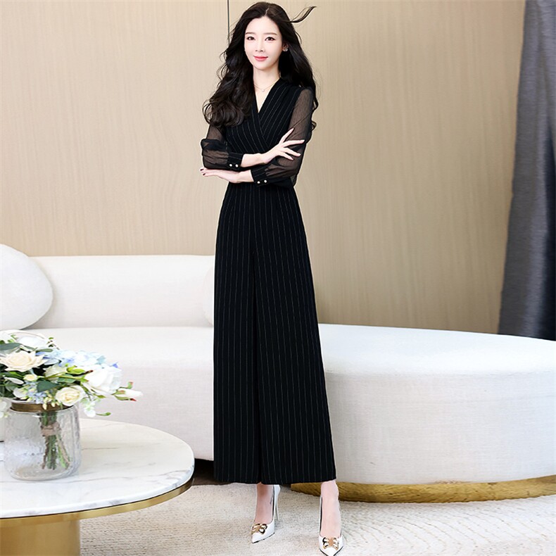 条纹拼接连体裤2024年春季新款舒适潮流有范个性连衣裤,女装连体裤,布依丽人