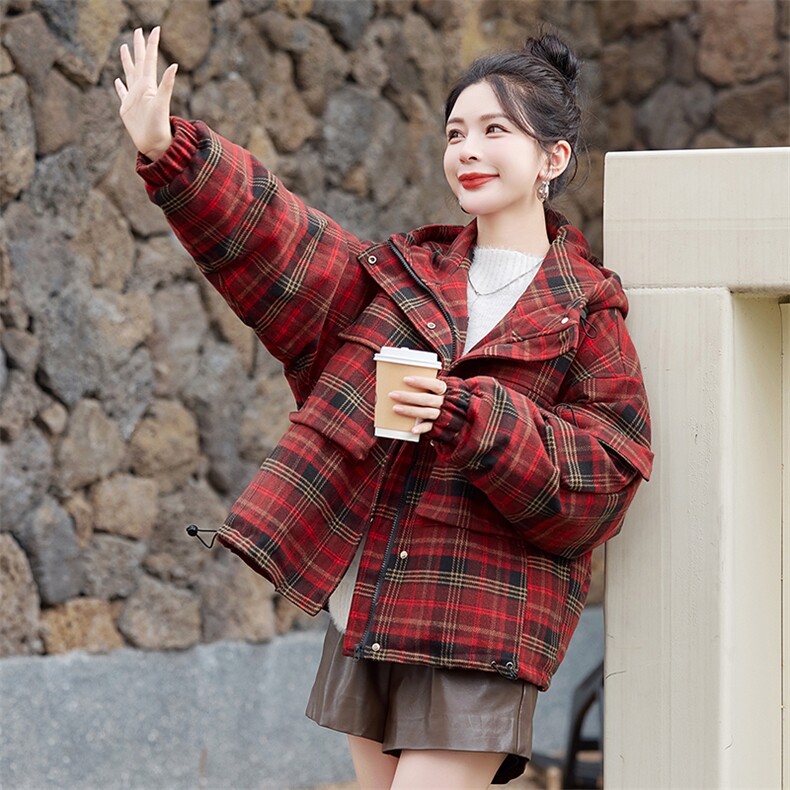 连帽羽绒服女冬季新款2025格子法式气质显瘦设计感时尚减龄外套潮,女装毛呢外套,水衣源