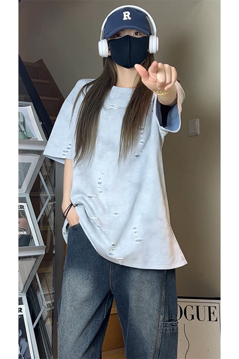 美式破洞短袖T恤男夏季潮牌半袖衣服宽松重磅体恤衫T3650-特价P33,男装T恤,电商A007